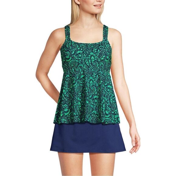 Land’s End Plus Size Flutter Tankini soft cup top Navy Emerald Decor Paisley L - Picture 3 of 4